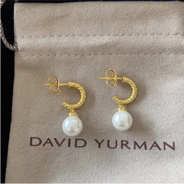 David Yurman Gold Cable Pearl Drop Hoop Earrings - Gold And White in white|yellow from Poshmark