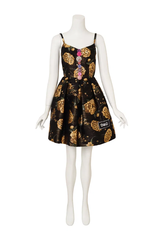 Dolce & Gabbana Floral Lamé Button Appliqué Dress in Nylon from Recess LA