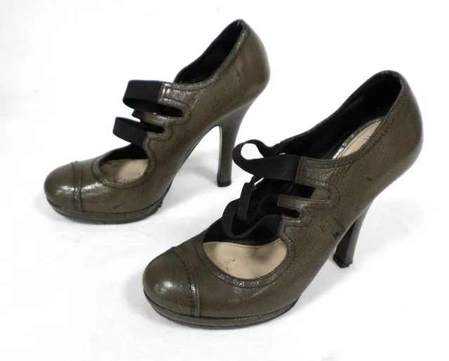 Prada Triple Strap Pickle Green Heels Size: 4.5 in Green Leather from Oxfam Online Shop