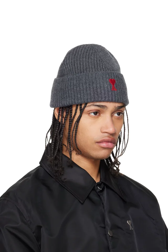 AMI Paris Gray Wool Contrasted Ami de Coeur Beanie, photo 2 of 3 from SSENSE