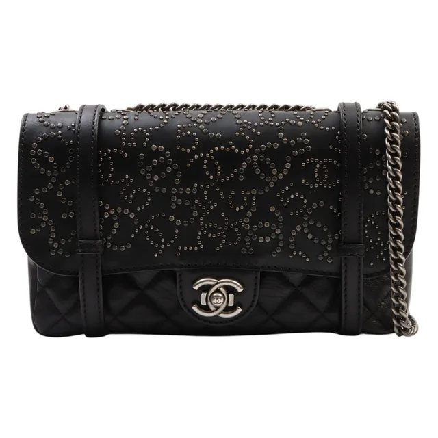 Chanel Circa 2014 Valextra CC Mark Studded Chain Bag, Black in Black Leather from VINTAGE QOO TOKYO