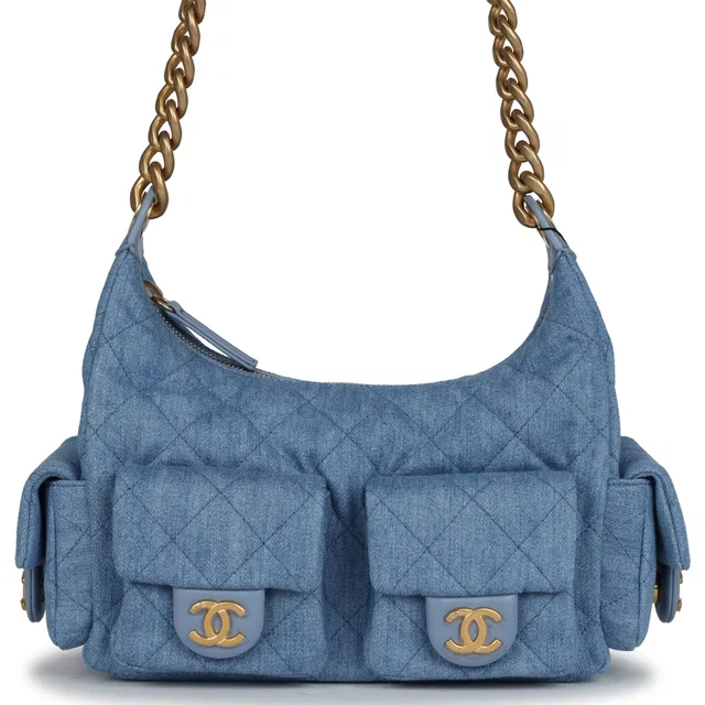 Chanel Large Cargo Hobo Bag Light Blue Washed Denim Brushed Gold Hardware in Blue Denim from Madison Avenue Couture