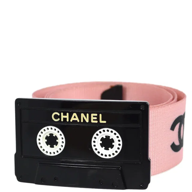 Chanel Cassette Tape Belt Pink 04P #75/30 in Pink Nylon from AMORE Vintage Tokyo