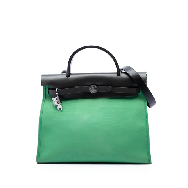 Green Hermès Military Toile and Vache Hunter Herbag Zip 31 Satchel in Green Canvas from Designer Revival