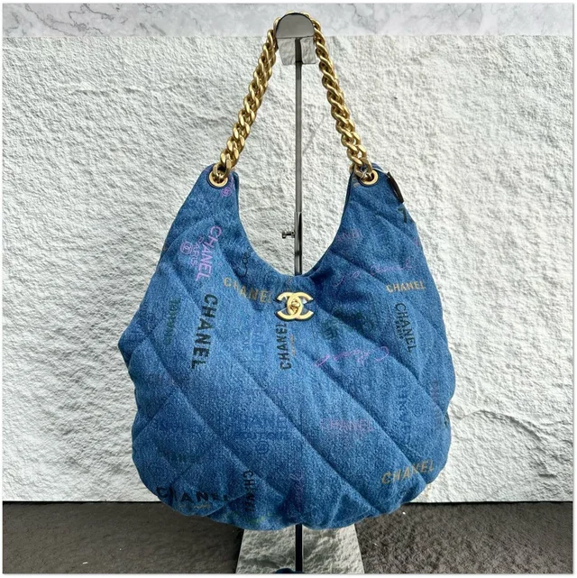 Chanel Blue Monogram Denim Quilted Hobo Shoulder Bag in Blue Denim from Luxury Promise