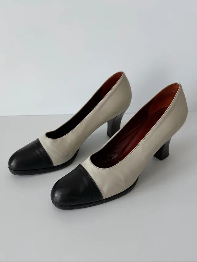 Prada Milano Vintage Cap Toe Leather Pumps, Ivory/Black, Size 38.5 (Us 8.5) in black Leather from Poshmark