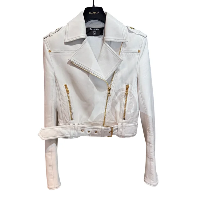 Balmain Cropped Jacket Size 34 in White Leather from Revivre Luxury Consignment