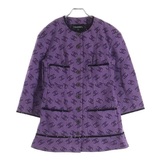 Chanel CC Logo Collarless Jacket Purple Cotton 36 in Purple from The Reluxe