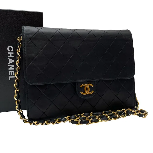 Chanel Quilted Lambskin Chain Shoulder Bag CC Logo Black in Black Lambskin from The Reluxe
