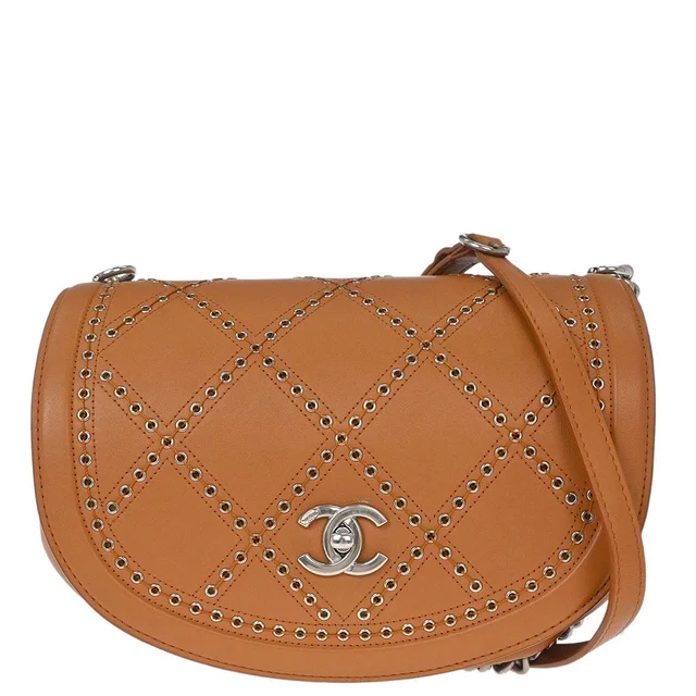 Chanel 2018 Brown Calfskin Coco Eyelets Round Flap Shoulder Bag in Brown Calfskin from AMORE Vintage Tokyo
