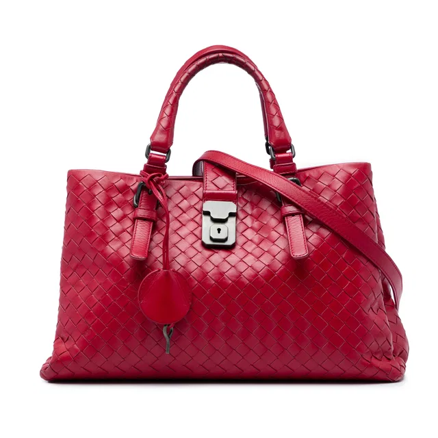 Red Bottega Veneta Small Nappa Intrecciato Roma Satchel in Red Nappa leather from Designer Revival