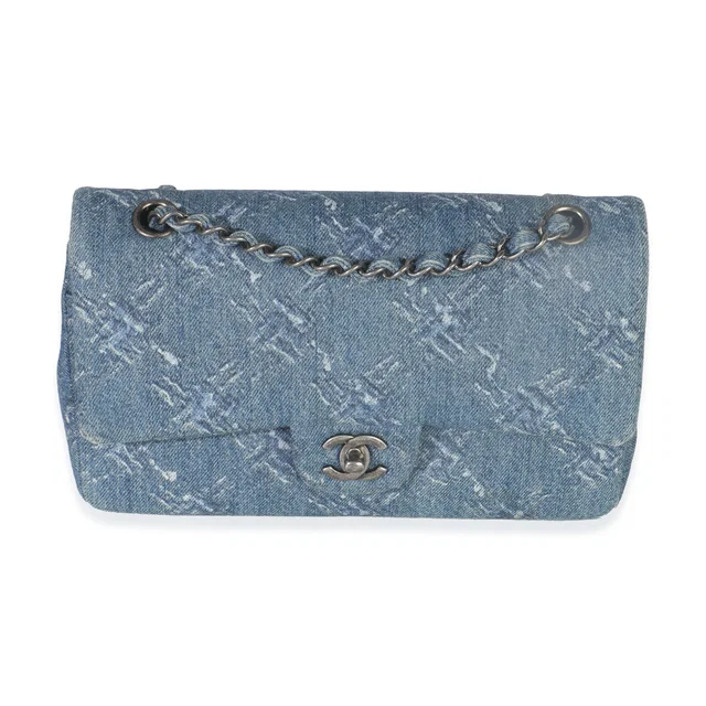 Chanel Blue Bleached Chain Printed Denim Medium Classic Double Flap Bag Handbag in Blue Denim from HEWI