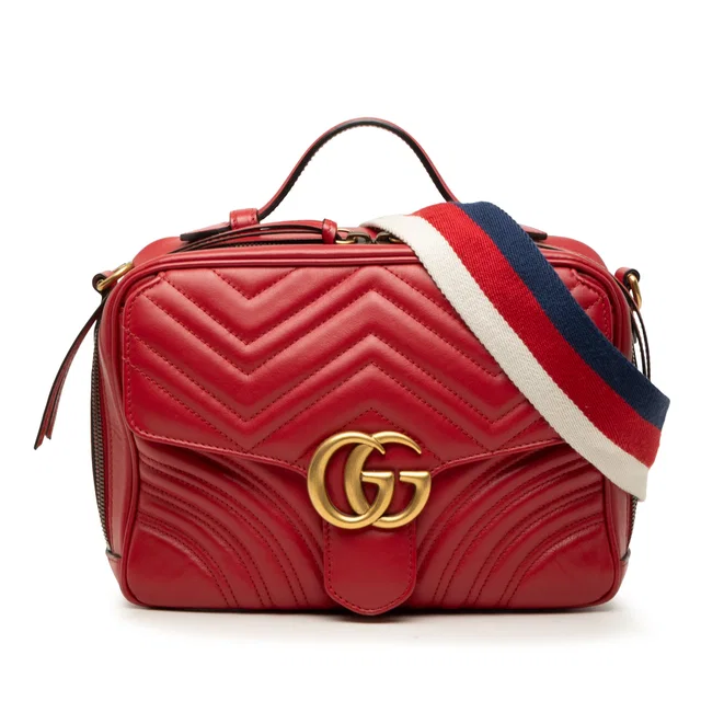 Red Gucci Small GG Marmont Matelasse Leather Top Handle Satchel in Red Leather from Designer Revival