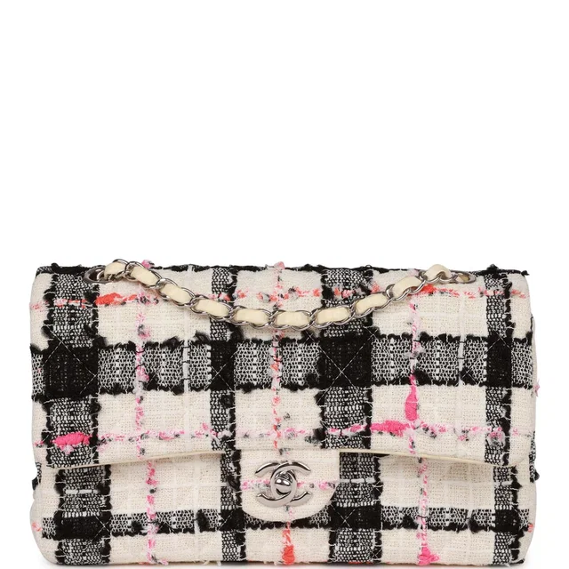 Chanel Medium Classic Double Flap Bag White, Black, Pink Tweed Silver Hardware in Black Tweed from Madison Avenue Couture