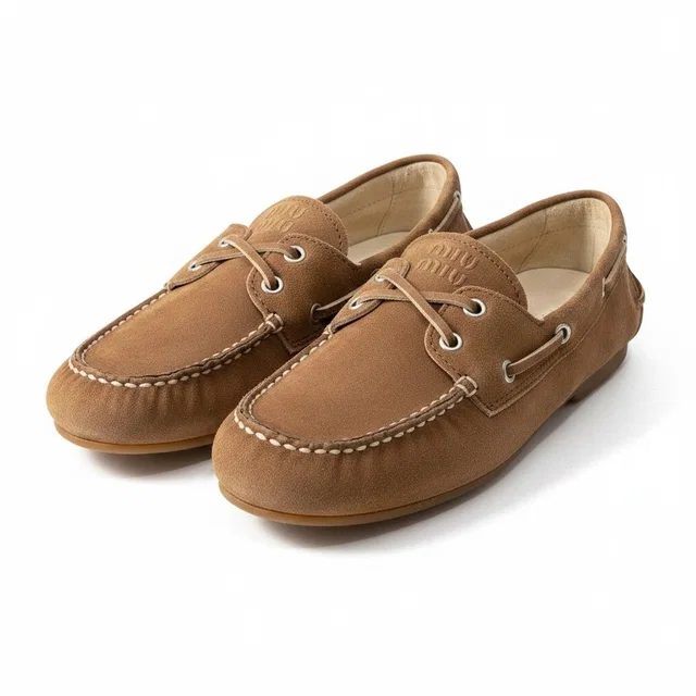 Miu Miu G7 Suede Loafers Deck Shoes Embossed Logo Brown Leather in Brown Suede from The Reluxe