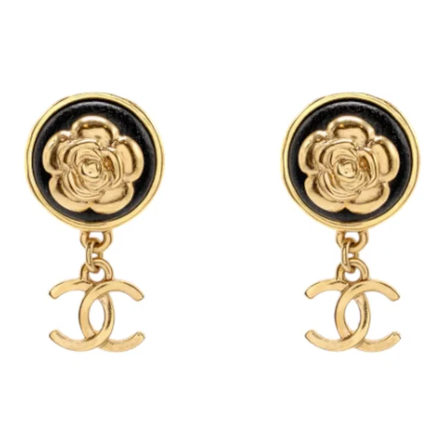 Chanel Round Camellia CC Drop Earrings Black Leather Gold Tone in Black Leather from Luxury Promise