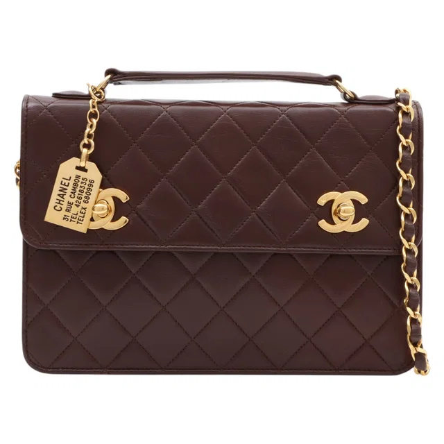 Chanel Double CC Turn-Lock Chain Shoulder Bag, Brown, circa 1990 in Brown Lambskin from VINTAGE QOO TOKYO