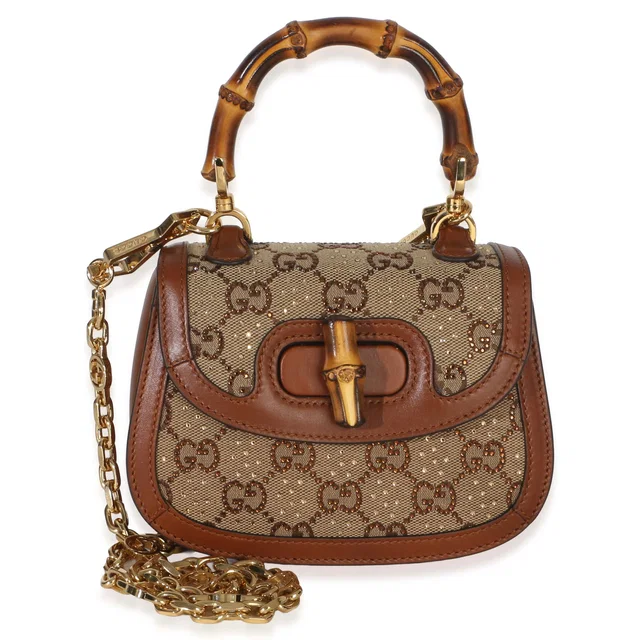 Gucci Camel GG Supreme Canvas Calfskin Crystal Small Bamboo 1947 Top Handle in Brown Calfskin from Luxury Promise