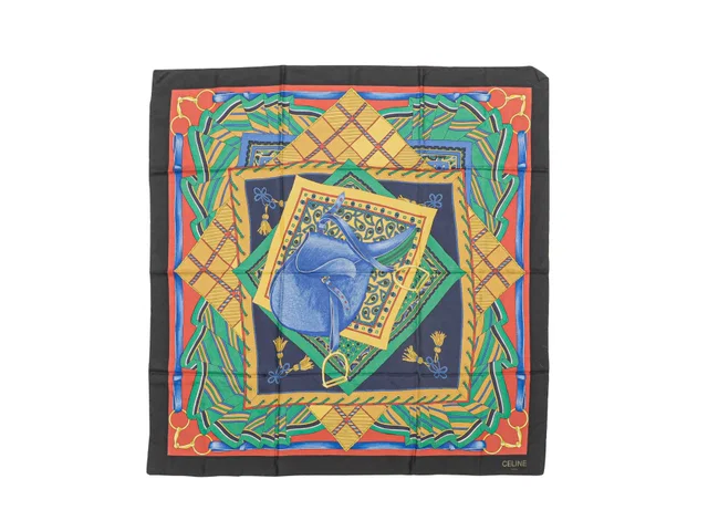 Black & Multicolor Celine Saddle Print Silk Scarf in Black Silk from Designer Revival