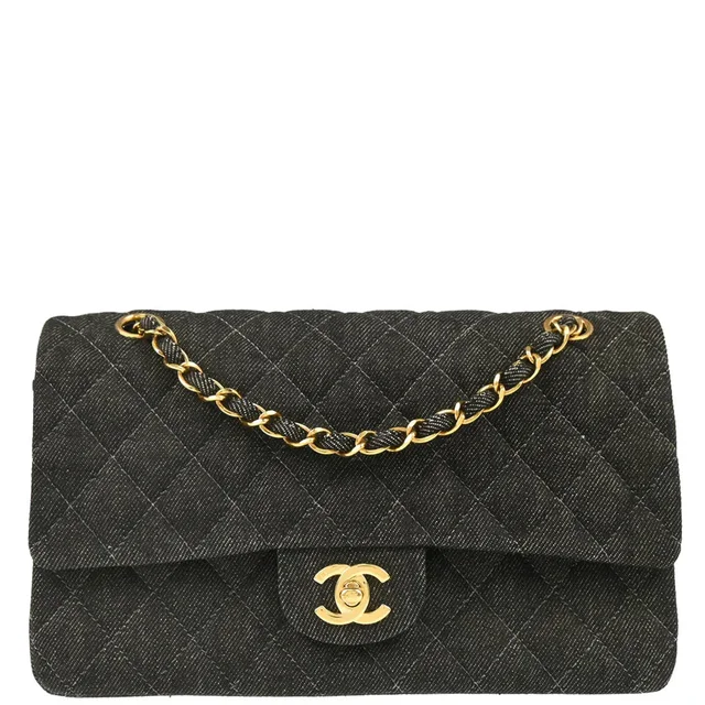 Chanel 1997-1999 Black Denim Medium Classic Double Flap Shoulder Bag in Black Denim from AMORE Vintage Tokyo