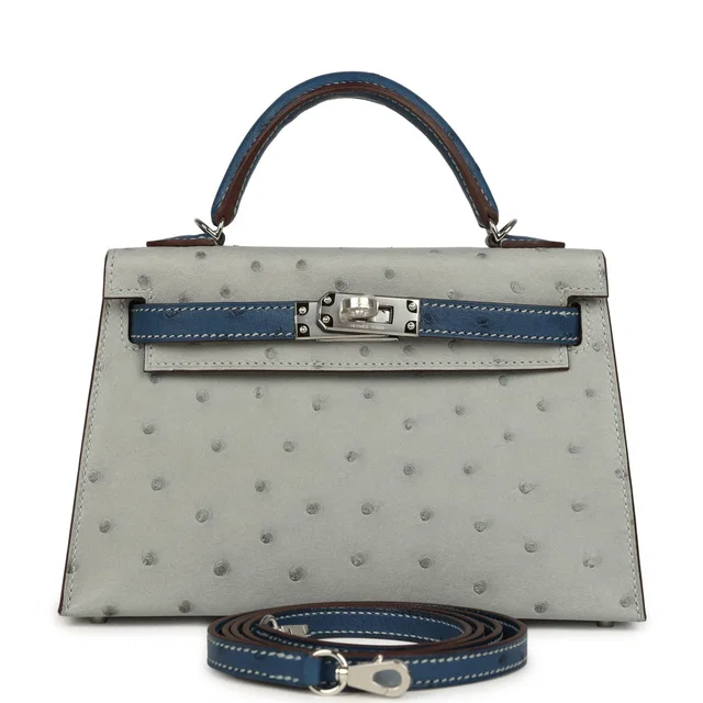 Hermès Special Order (HSS) Kelly Sellier 20 Bleu Glacier, Bleu Fonce Ostrich Palladium Hardware in Blue Ostrich from Madison Avenue Couture