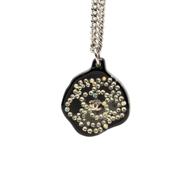 Silver Chanel Brass Camellia Resin Strass Pendant Necklace in Silver Resin from Designer Revival
