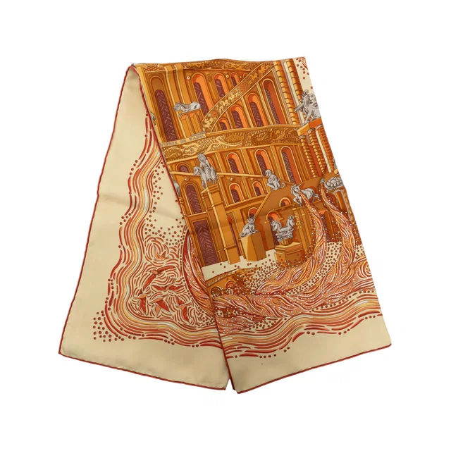 Beige Hermès Les Rivieres De Babel Silk Scarf 90 Scarves in Beige Silk from Designer Revival
