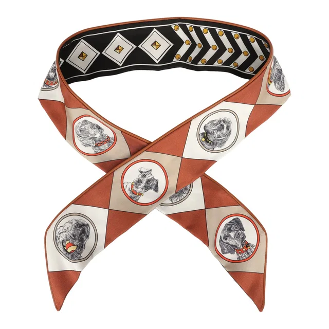 Hermès "Colliers et Chiens Forever" Black, Blanc, Caramel Leather Trim Silk Twilly in Black Silk from Madison Avenue Couture