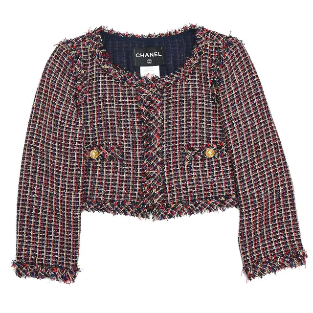 Chanel 2010 Collarless Tweed Jacket Navy #36 in Navy Tweed from AMORE Vintage Tokyo