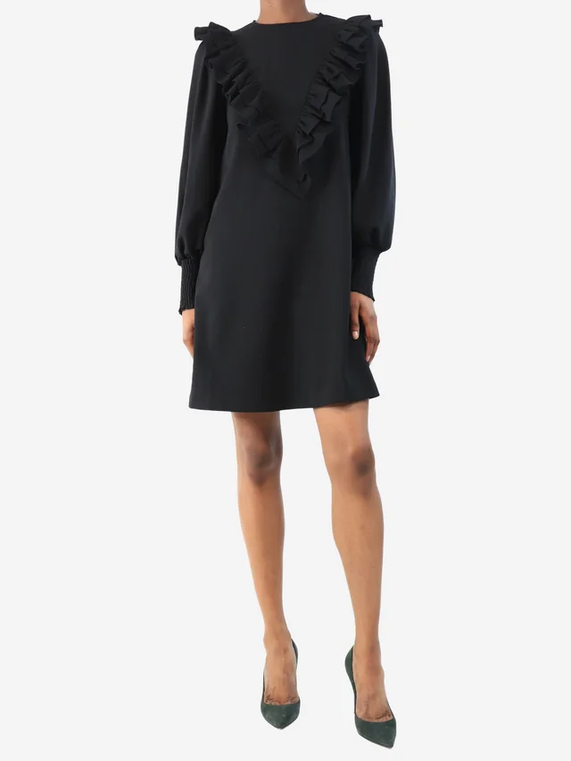 GANNI Black ruffled mini dress - size UK 6 in Black from Sign of the Times
