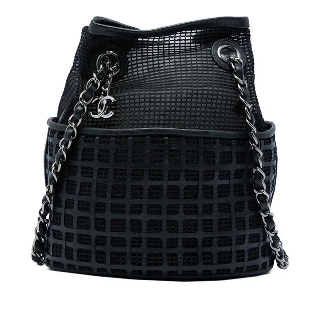 Black Chanel CC Mesh and Perforated Calfskin Bucket Bag in Black Calfskin from Designer Revival