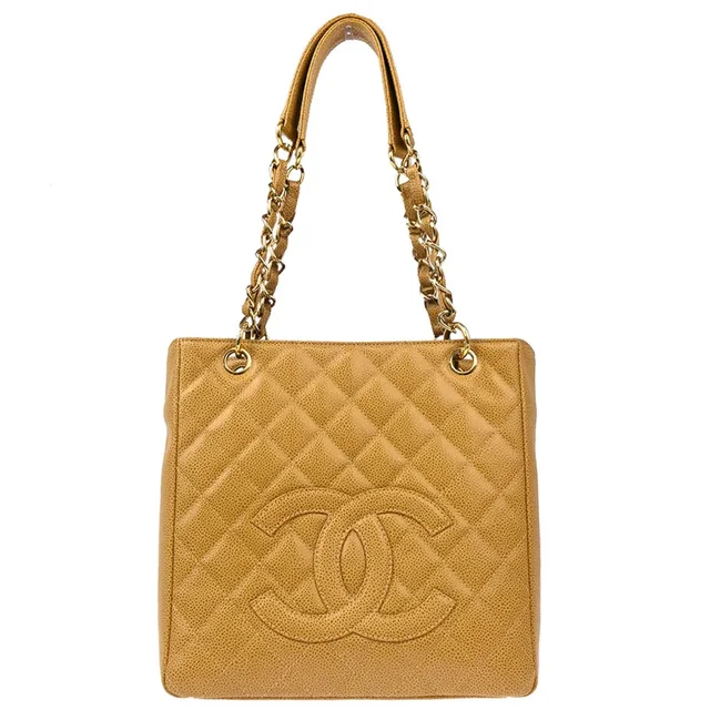 Chanel 2003-2004 Beige Caviar Petite Shopping Tote PST Chain Handbag in Beige Caviar leather from AMORE Vintage Tokyo