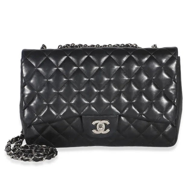 Chanel Black Quilted Lambskin Jumbo Single Flap Bag in Black Lambskin from myGemma