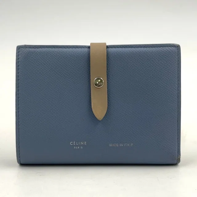 Celine Medium Strap Wallet Leather Beige Light Blue Bifold Silver in Beige Leather from The Reluxe