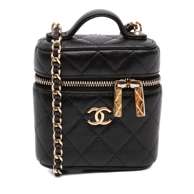 Black Chanel Mini Caviar Handle with Care Vanity Case Satchel in Black Caviar leather from Designer Revival