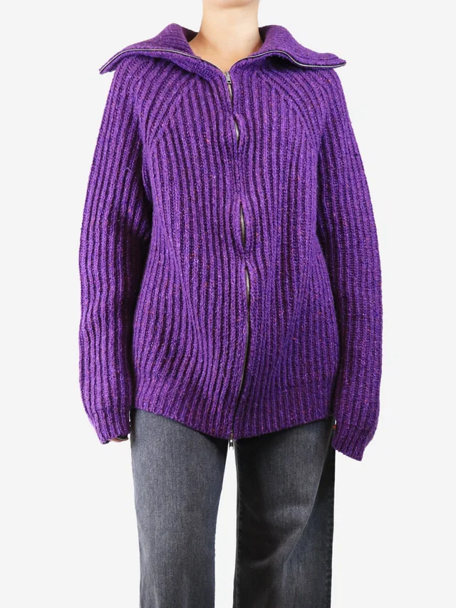 Marni Purple chunky ribbed zip cardigan - size UK 16 in Purple Wool from Sign of the Times