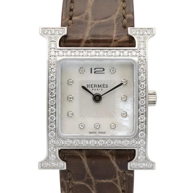Hermès Watch White Shell Stainless Steel Diamond in White Leather from The Reluxe