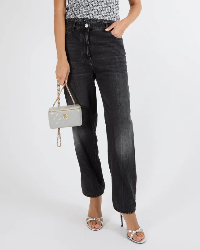 Chanel Dark Grey Straight-Leg Jeans with Crystal Camellia Button and CC Logo Details Size FR 38 (UK 10) in Grey from Sellier