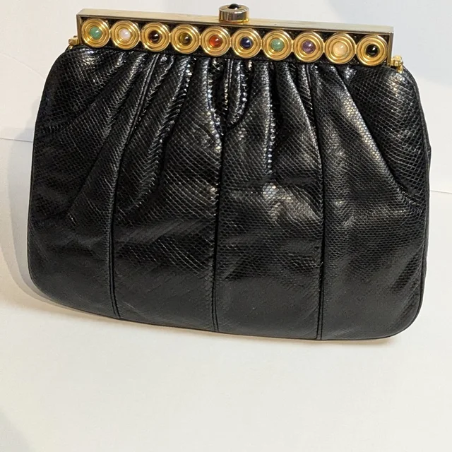 Judith Leiber Black Lizard Leather Evening Clutch in black|gold Lizard from Poshmark, photo 1 of 1