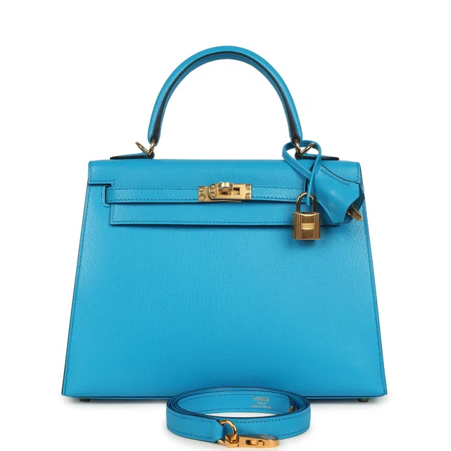 Hermès Kelly Sellier 25 Bleu Frida Chevre Mysore Gold Hardware in Blue Goatskin from Madison Avenue Couture