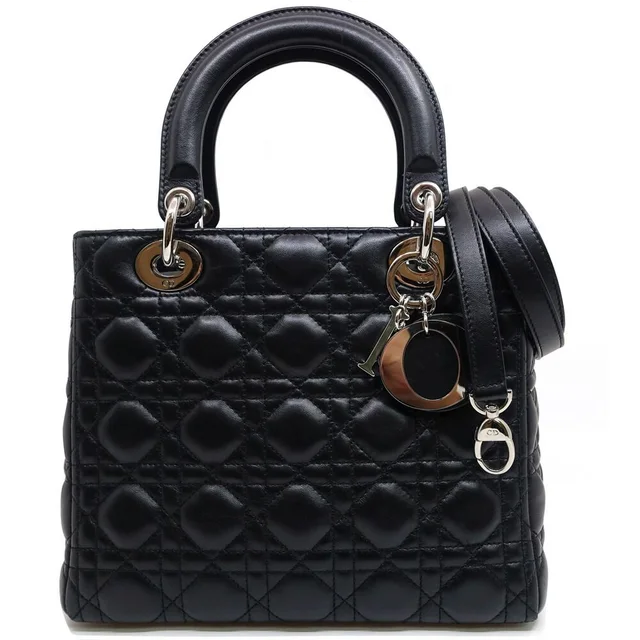 Lady Dior Handbag 2-Way Leather Black Silver in Black Leather from The Reluxe