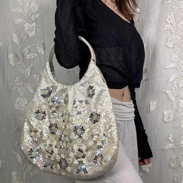 Y2k Anteprima Metallic Silver Wirebag - Made In Italy Sequin Floral Tote from Poshmark