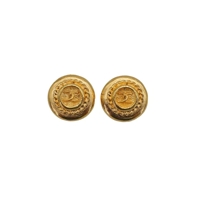 Chanel Vintage Earrings Round Cocomark Chain Gold Accessory in Gold from Luxury Promise