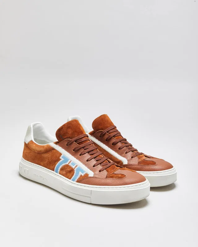 2024 Salvatore Ferragamo Gancini Borg Tan Suede Leather Low Trainers - UK10 in Brown Suede from Rokit Vintage