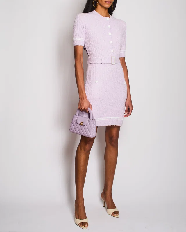 Chanel 22/P Lilac Short Sleeve Knitted Midi Dress with Belt Detail Size FR 36 (UK 8) in Purple from Sellier