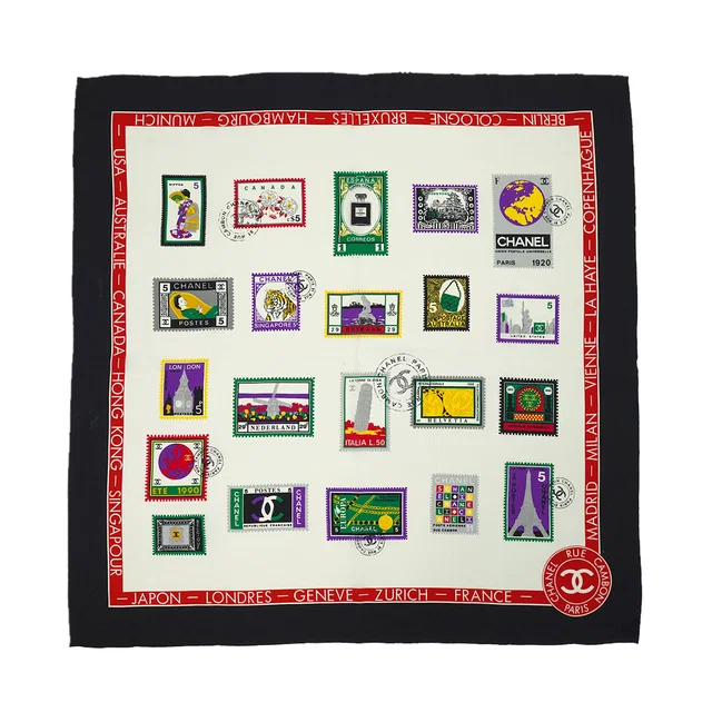 Chanel Vintage Cocomark Stamp Pattern Scarf White Black Silk in Black Silk from Luxury Promise