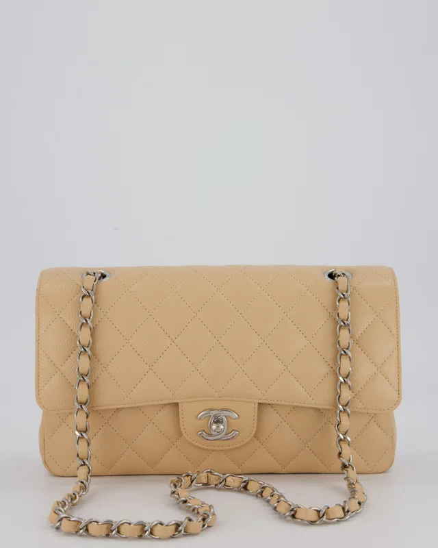 HOT* Chanel Beige Classic Medium Double Flap Bag in Beige Caviar leather from Sellier