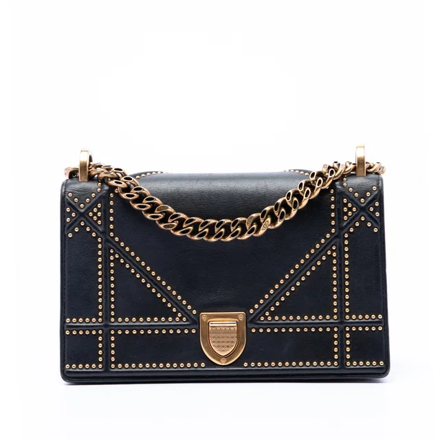 Black Dior Medium Studded Lambskin Diorama Flap Crossbody Bag in Black Lambskin from Designer Revival