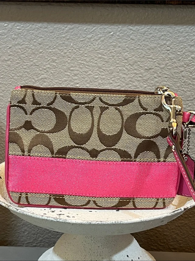 Coach Signature C Jacquard Wristlet With Pink (Fuchsia) Stripe in brown|pink|red Canvas from Poshmark