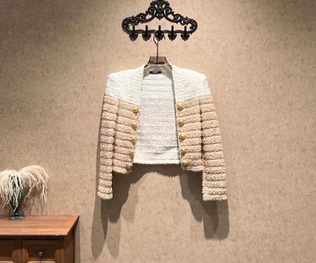 Balmain color-blocked striped woven jacket with gold buttons / Size 36 / 99% new / 42240 in Gold Woven leather from Luxury Promise